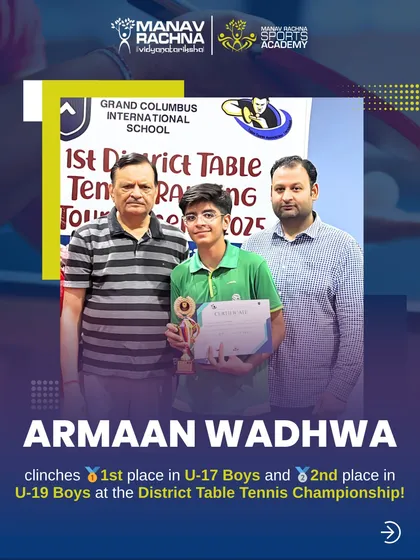 A smashing performance by our table tennis player Armaan Wadhwa, who clinched 1st place in U-17 and 2nd place in U-19 at the District Table Tennis Championship.
