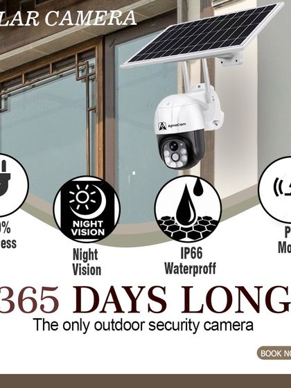 Our solar camera provides 365 days of security. It's 100% wireless, waterproof, and features PIR motion detection for reliable outdoor protection.