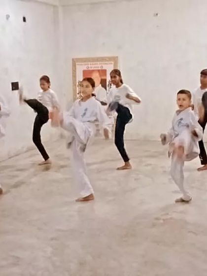 I am demonstrating the correct way to execute a kick, and the students are following my lead.