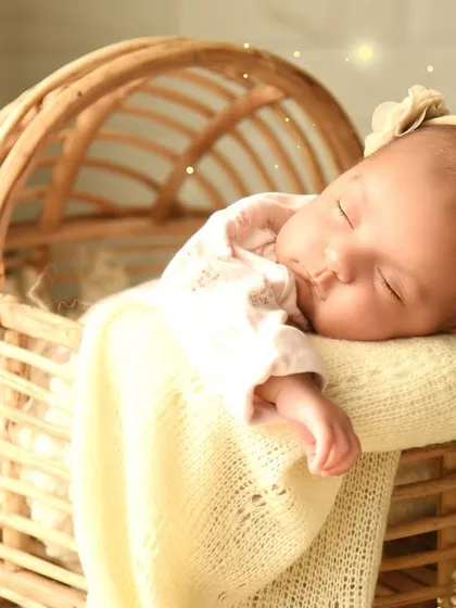 A close-up shot with added sparkle effects, highlighting the baby's peaceful sleep in the rustic wicker pram.