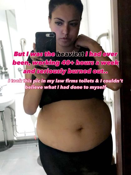 This picture was taken in my law firm's toilets. I was working 40+ hours a week, completely burned out, and at my heaviest. I couldn't believe what I had done to myself.