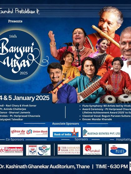 The full poster for the Bansuri Utsav, featuring a galaxy of legendary artists like Pt. Hariprasad Chaurasia and Ilaiyaraaja.