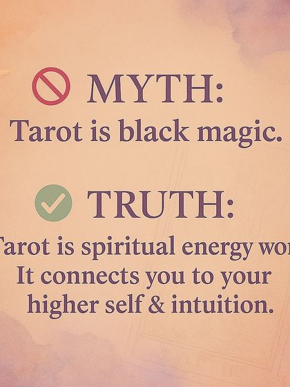 Myths vs. Truths about Tarot. This carousel debunks common misconceptions. It clarifies that Tarot is spiritual energy work, not black magic, and that it shows possible outcomes based on your current path, not a fixed future.