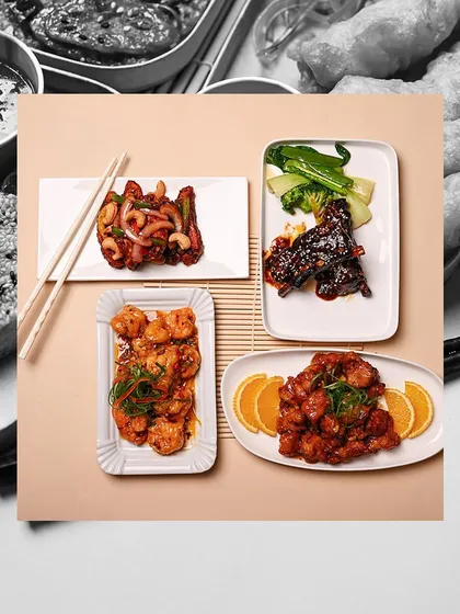 A glimpse of a party menu I recently catered. This spread features a variety of plated dishes like Butter Garlic Prawns, Gochujang Lamb Chops, and Orange Chicken.