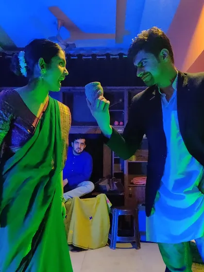 The use of colored lighting to heighten the drama in a scene from 'Khaamosh Adalat Jaari Hai'. Technical aspects of theatre are also part of our curriculum.