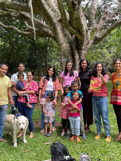 Our happy crew, including a furry friend, after a spicy story session! We are a welcoming space for the entire family, pets included.