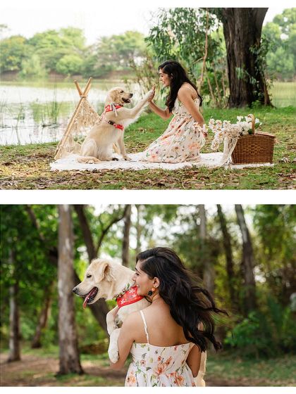 A collage showing a dog mom and her Golden Retriever enjoying a picnic. From a high-five to being carried, these photos are full of love and interaction.