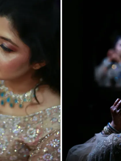A diptych of the bride-to-be during her engagement. The left panel is a close-up of her makeup, while the right shows a more candid, reflective moment, capturing the different emotions of the day.