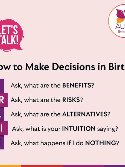 How do you make decisions during birth? This graphic introduces the B.R.A.I.N. acronym: ask about Benefits, Risks, Alternatives, your Intuition, and what happens if you do Nothing.