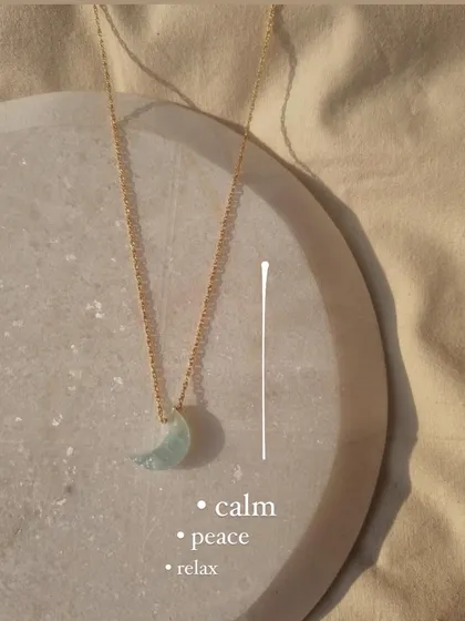Another view of my aquamarine Luna pendant. I love this stone for its connection to the sea, offering soothing energy, courage, and a sense of calm.