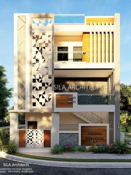 A frontal view of the elevation concept for the Chintamani residence, highlighting the geometric jaali work and a balanced composition of modern architectural elements.