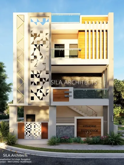 A frontal perspective of the individual house design, showcasing the balanced composition of the facade, including the custom gate and entryway design.