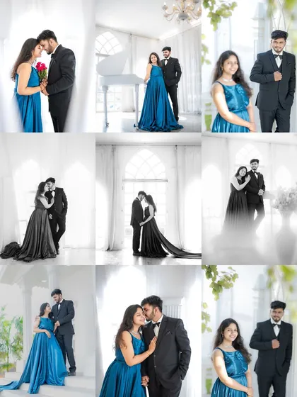 A collage showcasing various poses from a single shoot, highlighting the range of dramatic and romantic portraits we deliver, including black and white options.