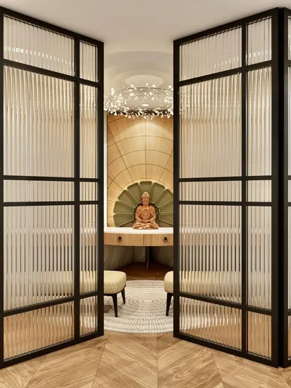 A 3D concept for a serene meditation corner, featuring a Buddha statue set in a beautifully lit niche and separated by fluted glass partitions.