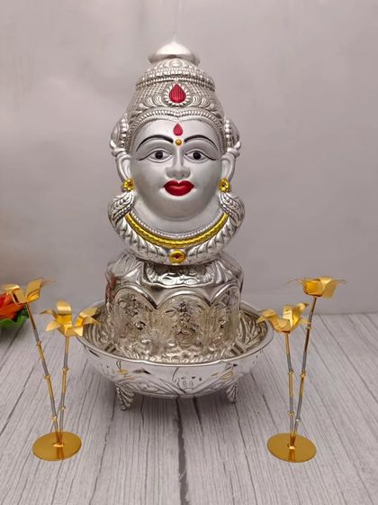 Another beautiful Lakshmi pooja set, this one featuring a German silver Tulasi plant and golden sugarcane trees, essential for festival decorations.