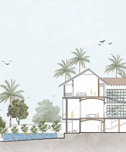 A cross-section drawing of the Calangute Villa, explaining how the design adapts to the sloping site and organizes spaces across different levels.