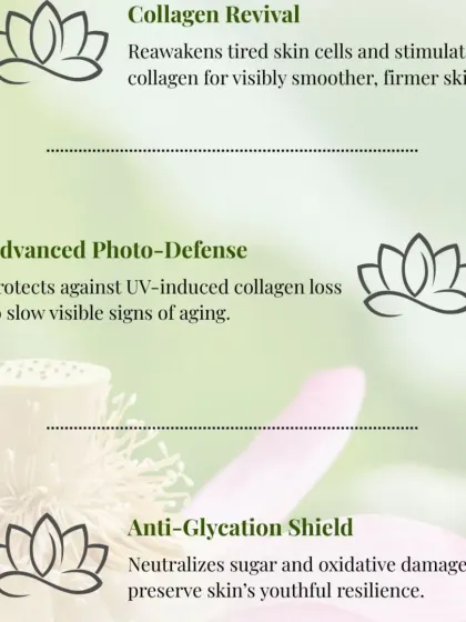 The Lotus Seed Extract in my night cream offers a triple-action benefit: Collagen Revival for firmer skin, Advanced Photo-Defense against UV damage, and an Anti-Glycation Shield to preserve youthful resilience.