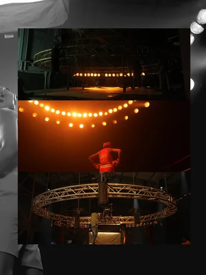 A look at the rigging for the Star Cement ad. A circular truss with warm-toned lights was suspended over the boxing ring to create a key visual element.