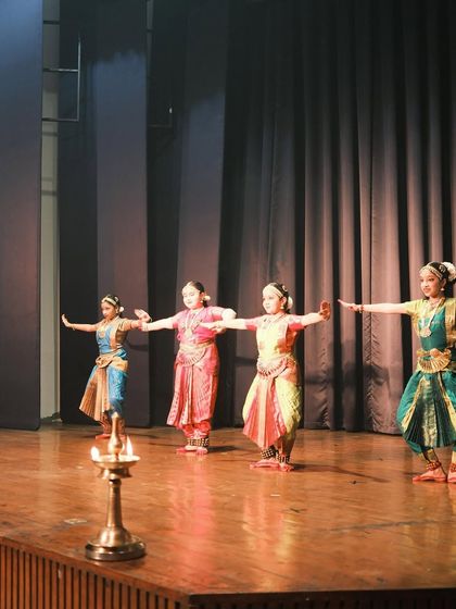 My younger students presenting their piece. The lamp in the foreground, the 'diya', symbolizes the divine light of knowledge and art.
