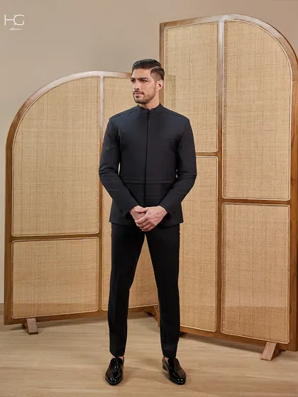 A full view of my clean-fit bandhgala, showing how the tailored trousers and polished loafers complete a look of understated and confident style.