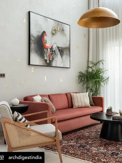 A closer look at the formal living area, highlighting the beautiful texture of our caned accent chair.