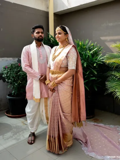 A formal portrait of the South Indian bride and groom in their traditional wedding attire, showcasing the elegance of their outfits.
