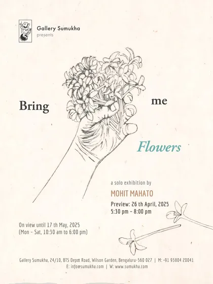 The official invitation for 'Bring me Flowers', featuring a delicate line drawing that captures the exhibition's theme.