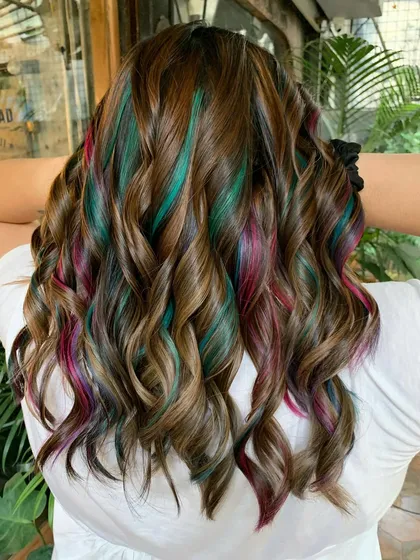 A final shot of the 'Gems and Chocolate' hair, a perfect example of creative and fun color.