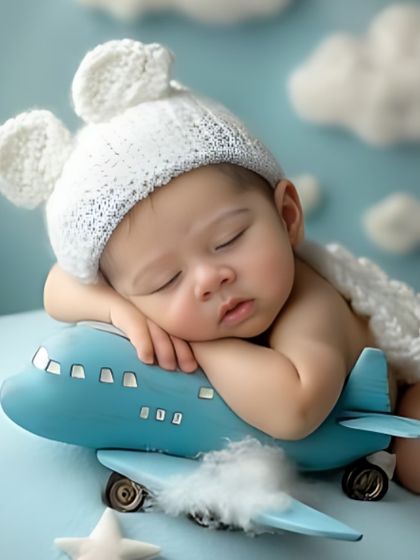 Ready for takeoff! This cute pilot-themed setup with a toy airplane and fluffy clouds is a fun and imaginative way to photograph your newborn.