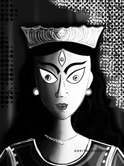The same Durga illustration in black and white. This version highlights the strong graphic style and the intensity of her expression, showing her power in a different light.