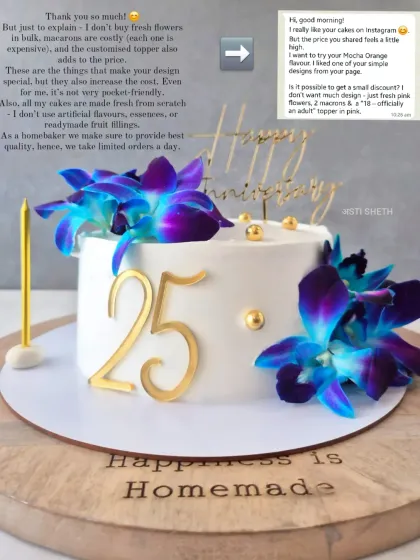 A stunning 25th-anniversary cake featuring vibrant fresh orchids and gold details. This is my signature Mocha Orange flavour.