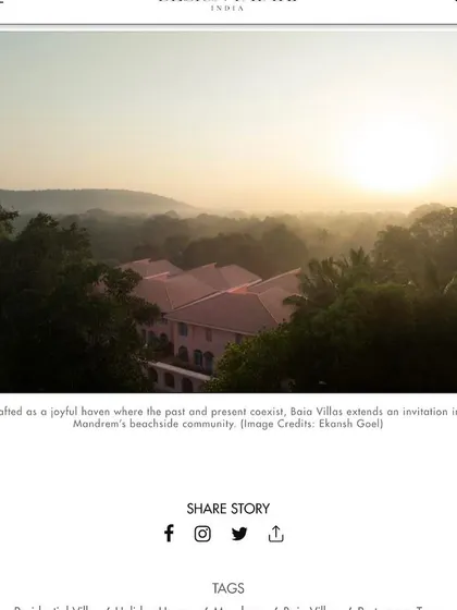An image from the Design Pataki feature, showing the Baia Villas at sunrise. The article describes the project as a joyful haven where the past and present coexist, extending an invitation into Mandrem's beachside community.