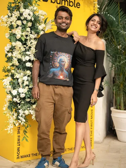Sharing a happy moment with the guitarist after our performance at the Bumble India collaboration.