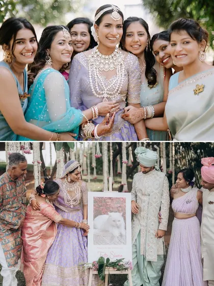 A two-part collage from a wedding day. The top shows the bride happily surrounded by her bridesmaids, while the bottom captures a family portrait that includes a framed photo of a beloved pet, ensuring every family member is present.
