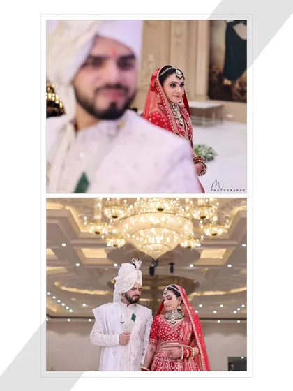 Two more couple portraits, one with a focus on the bride and the other showing them under a grand chandelier.