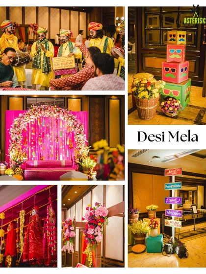 A "Desi Mela" Mehendi theme mood board, featuring bright pinks, quirky props, and traditional folk elements.