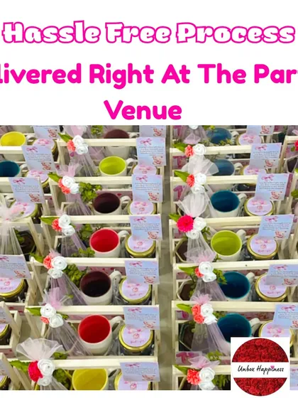 "Hassle Free Process: Delivered Right At The Party Venue." This image shows a large, organized order of return gifts, ready for delivery.