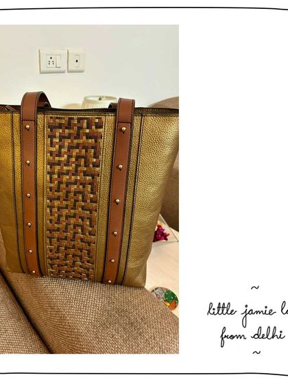 Our patron Lovleen from Delhi showing off her custom Little Jamie tote. This version features a unique Madurai weave panel against a beautiful metallic gold leather.