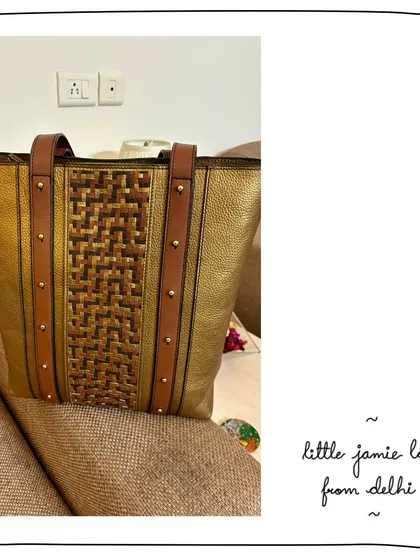 Another view of the custom Madurai and gold Little Jamie tote. The mix of the shiny metallic leather and the earthy, textured weave of tan, brown, and bronze makes for a unique and eye-catching combination.
