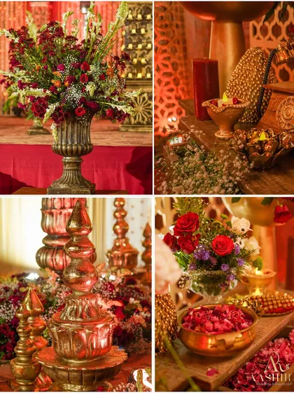 A collage of the rich, traditional decor details, including deep red floral arrangements in antique urns, brass decor pieces, and bowls of fresh rose petals.