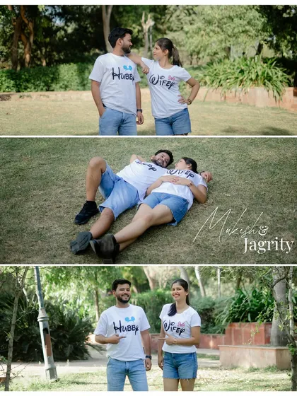 A fun collage of Mukesh and Jagrity in matching "Hubby" and "Wifey" t-shirts during their casual park shoot. A great way to add a personal touch!
