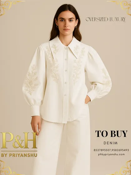 An off-white denim set that redefines casual elegance. The oversized shirt features delicate floral hand-embroidery on the collar and puff sleeves, paired with clean, wide-leg jeans.