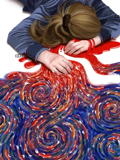 A powerful and tragic piece dedicated to the women of Iran. A woman's hair, drenched in blood, transforms into a swirling river of red fish swimming in a blue ocean, a symbol of life and hope born from sacrifice.