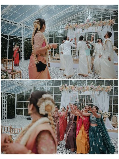 A collage showing the fun and games of Bhagya and Prabhu's wedding ceremony. Capturing these lighthearted moments is just as important as the solemn rituals.