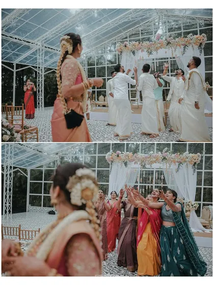 A collage showing the fun and games of a Hindu wedding, with the bride and groom's teams playfully competing.