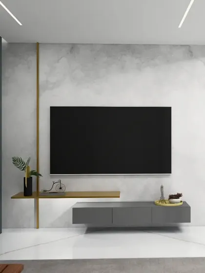 A minimalist media wall concept for the Park West project. The floating console and asymmetrical shelf are accented by a single brass line, creating a simple yet elegant composition against a textured concrete-finish wall.