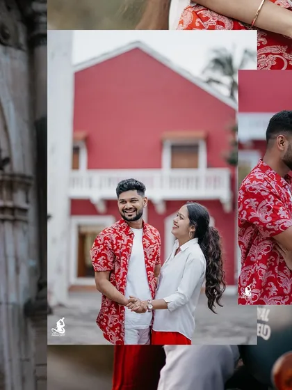 A collage highlighting the playful and romantic moments of a couple's pre-wedding shoot, set against a vibrant red building.