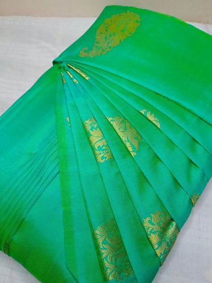 A lovely sea-green saree with gold motifs. The pleats are crisp and the saree is ready to be draped with ease.