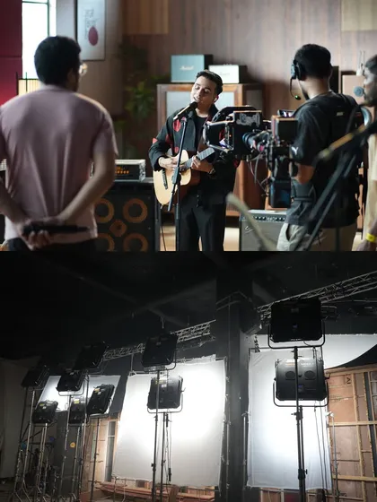 A look at the lighting setup for the artist close-ups in Coke Studio Bharat. We used a bank of soft lights to create a clean, flattering look, contrasting with the unlit behind-the-scenes view.