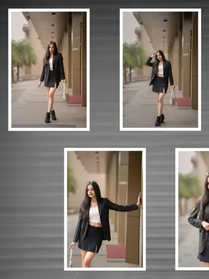 A collection of five poses from the urban fashion shoot, showcasing the versatility of the outfit and the model's confident attitude.